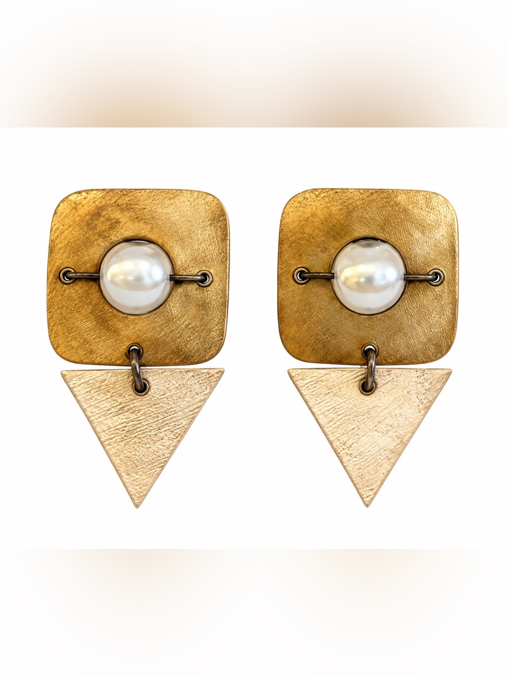 Gold Tone Geometric Faux Pearl Statement Dangle Earrings